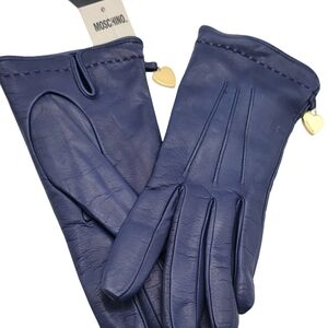 Moschino Navy Leather Gloves